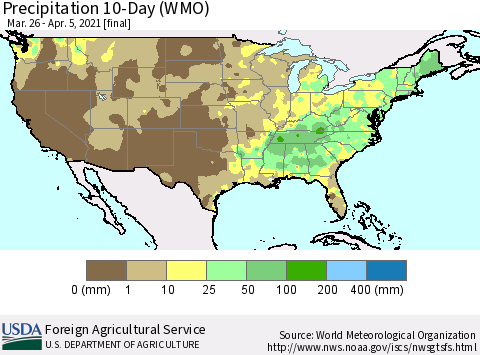 United States Precipitation 10-Day (WMO) Thematic Map For 3/26/2021 - 4/5/2021