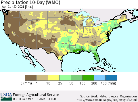 United States Precipitation 10-Day (WMO) Thematic Map For 4/11/2021 - 4/20/2021