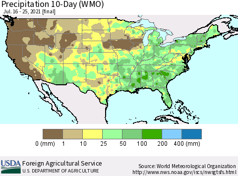 United States Precipitation 10-Day (WMO) Thematic Map For 7/16/2021 - 7/25/2021