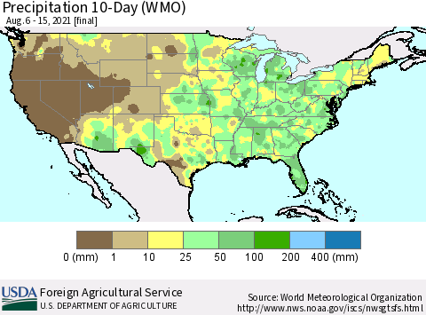 United States Precipitation 10-Day (WMO) Thematic Map For 8/6/2021 - 8/15/2021