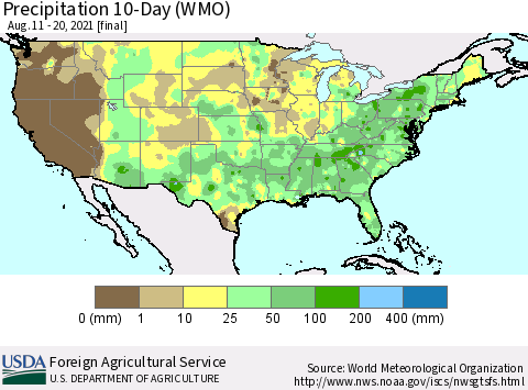 United States Precipitation 10-Day (WMO) Thematic Map For 8/11/2021 - 8/20/2021
