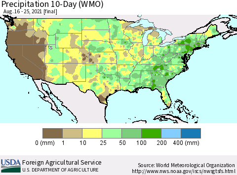 United States Precipitation 10-Day (WMO) Thematic Map For 8/16/2021 - 8/25/2021