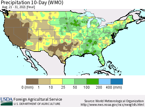 United States Precipitation 10-Day (WMO) Thematic Map For 8/21/2021 - 8/31/2021