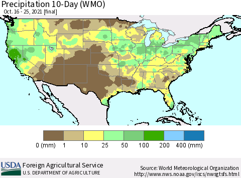 United States Precipitation 10-Day (WMO) Thematic Map For 10/16/2021 - 10/25/2021