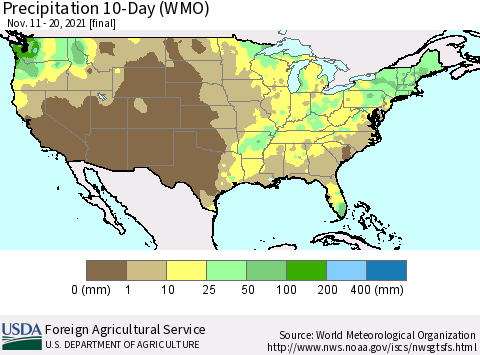 United States Precipitation 10-Day (WMO) Thematic Map For 11/11/2021 - 11/20/2021