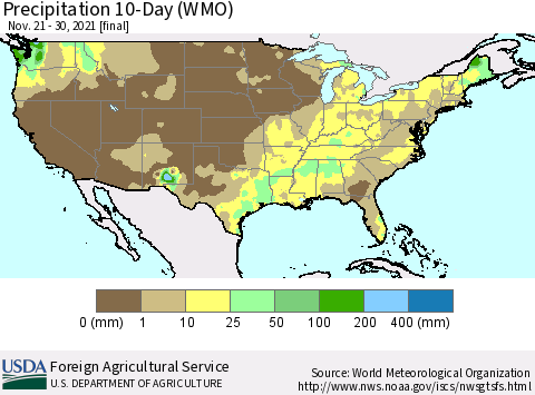 United States Precipitation 10-Day (WMO) Thematic Map For 11/21/2021 - 11/30/2021