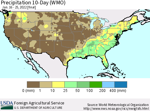 United States Precipitation 10-Day (WMO) Thematic Map For 1/16/2022 - 1/25/2022