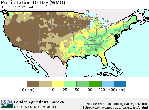 United States Precipitation 10-Day (WMO) Thematic Map For 2/1/2022 - 2/10/2022