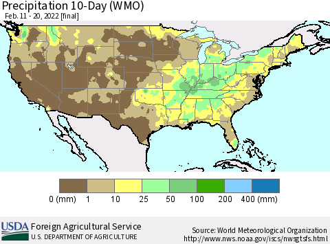 United States Precipitation 10-Day (WMO) Thematic Map For 2/11/2022 - 2/20/2022