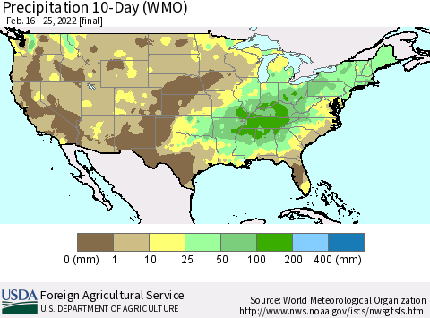 United States Precipitation 10-Day (WMO) Thematic Map For 2/16/2022 - 2/25/2022