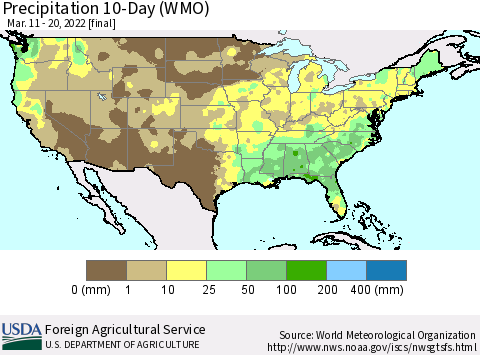 United States Precipitation 10-Day (WMO) Thematic Map For 3/11/2022 - 3/20/2022