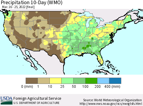 United States Precipitation 10-Day (WMO) Thematic Map For 3/16/2022 - 3/25/2022