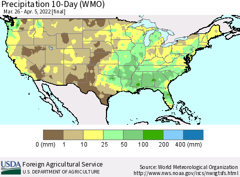 United States Precipitation 10-Day (WMO) Thematic Map For 3/26/2022 - 4/5/2022