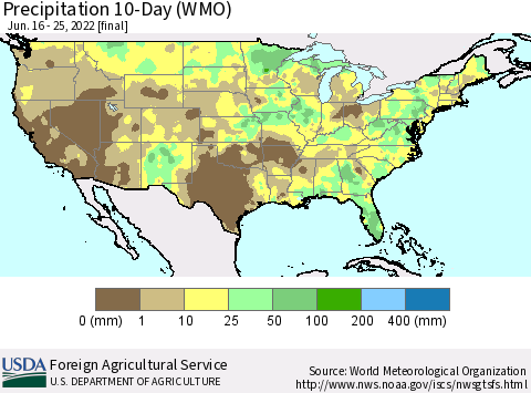 United States Precipitation 10-Day (WMO) Thematic Map For 6/16/2022 - 6/25/2022