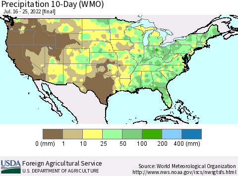 United States Precipitation 10-Day (WMO) Thematic Map For 7/16/2022 - 7/25/2022