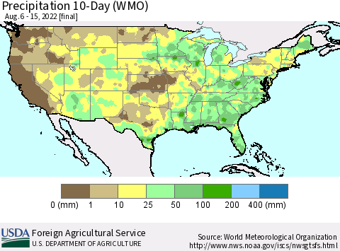 United States Precipitation 10-Day (WMO) Thematic Map For 8/6/2022 - 8/15/2022