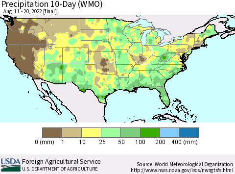 United States Precipitation 10-Day (WMO) Thematic Map For 8/11/2022 - 8/20/2022