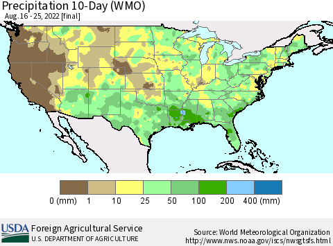United States Precipitation 10-Day (WMO) Thematic Map For 8/16/2022 - 8/25/2022