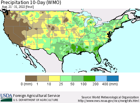 United States Precipitation 10-Day (WMO) Thematic Map For 8/21/2022 - 8/31/2022