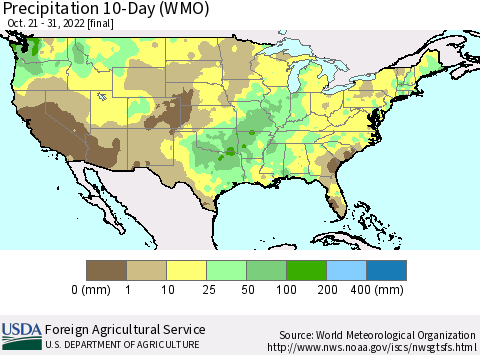 United States Precipitation 10-Day (WMO) Thematic Map For 10/21/2022 - 10/31/2022