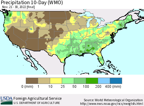 United States Precipitation 10-Day (WMO) Thematic Map For 11/21/2022 - 11/30/2022