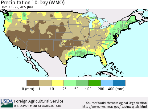 United States Precipitation 10-Day (WMO) Thematic Map For 12/16/2022 - 12/25/2022