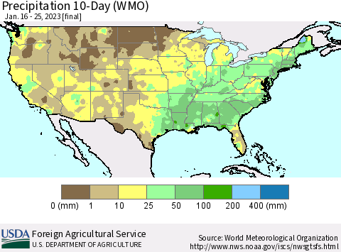 United States Precipitation 10-Day (WMO) Thematic Map For 1/16/2023 - 1/25/2023