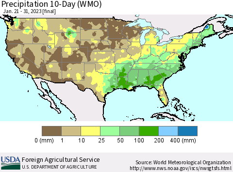 United States Precipitation 10-Day (WMO) Thematic Map For 1/21/2023 - 1/31/2023