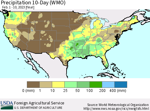 United States Precipitation 10-Day (WMO) Thematic Map For 2/1/2023 - 2/10/2023