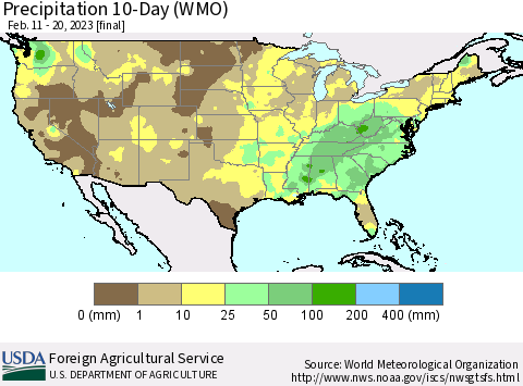 United States Precipitation 10-Day (WMO) Thematic Map For 2/11/2023 - 2/20/2023
