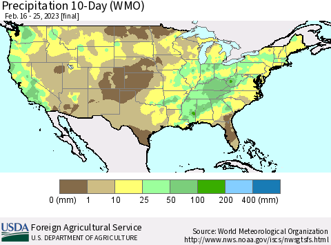 United States Precipitation 10-Day (WMO) Thematic Map For 2/16/2023 - 2/25/2023