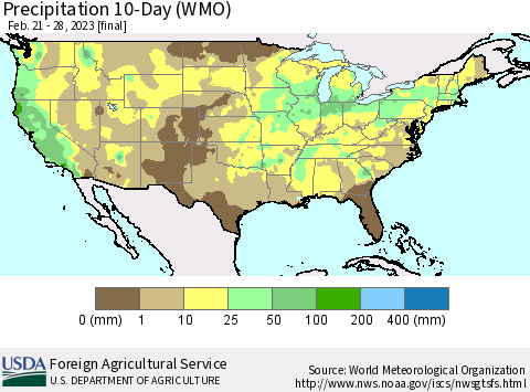 United States Precipitation 10-Day (WMO) Thematic Map For 2/21/2023 - 2/28/2023