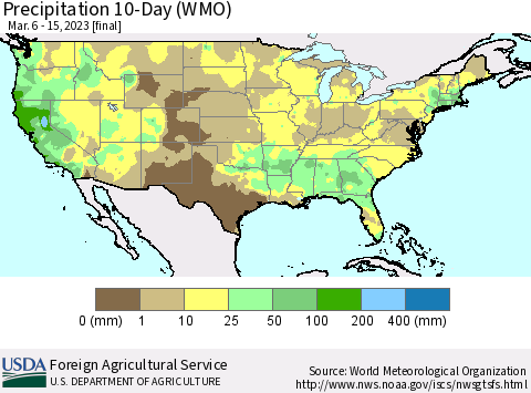 United States Precipitation 10-Day (WMO) Thematic Map For 3/6/2023 - 3/15/2023