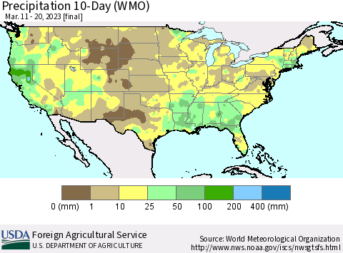 United States Precipitation 10-Day (WMO) Thematic Map For 3/11/2023 - 3/20/2023