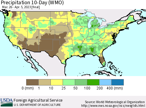 United States Precipitation 10-Day (WMO) Thematic Map For 3/26/2023 - 4/5/2023