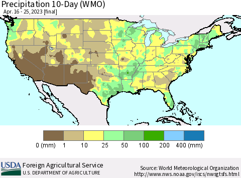 United States Precipitation 10-Day (WMO) Thematic Map For 4/16/2023 - 4/25/2023