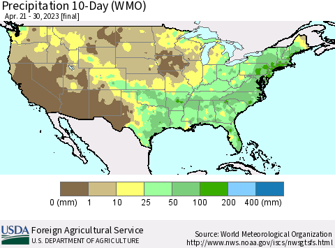 United States Precipitation 10-Day (WMO) Thematic Map For 4/21/2023 - 4/30/2023