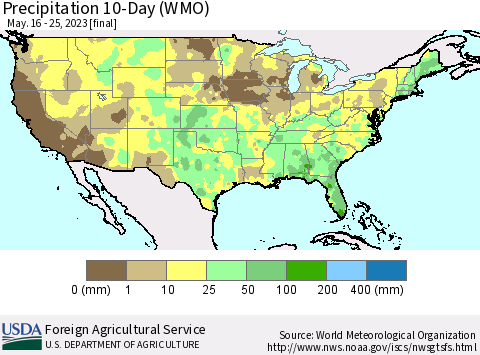 United States Precipitation 10-Day (WMO) Thematic Map For 5/16/2023 - 5/25/2023