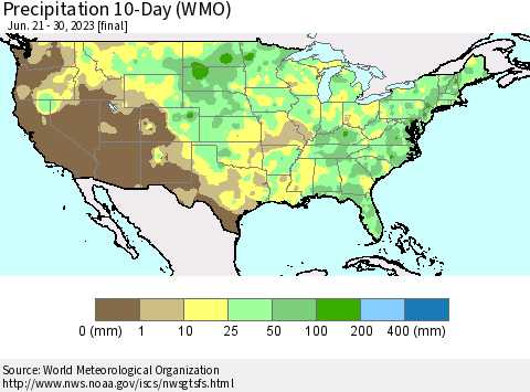 United States Precipitation 10-Day (WMO) Thematic Map For 6/21/2023 - 6/30/2023