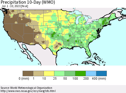 United States Precipitation 10-Day (WMO) Thematic Map For 7/1/2023 - 7/10/2023