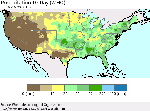 United States Precipitation 10-Day (WMO) Thematic Map For 7/6/2023 - 7/15/2023