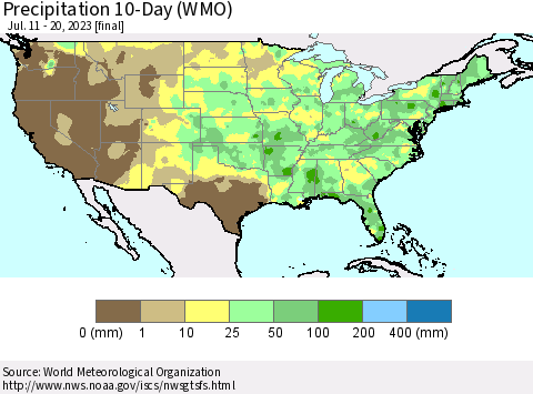 United States Precipitation 10-Day (WMO) Thematic Map For 7/11/2023 - 7/20/2023