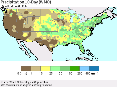 United States Precipitation 10-Day (WMO) Thematic Map For 7/16/2023 - 7/25/2023
