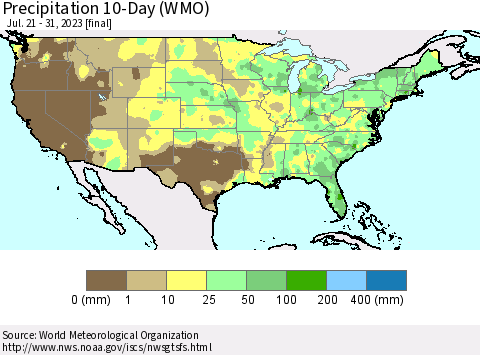 United States Precipitation 10-Day (WMO) Thematic Map For 7/21/2023 - 7/31/2023