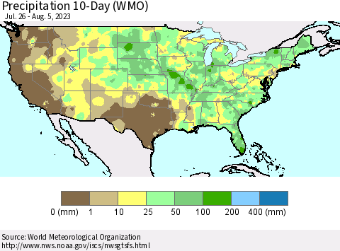 United States Precipitation 10-Day (WMO) Thematic Map For 7/26/2023 - 8/5/2023