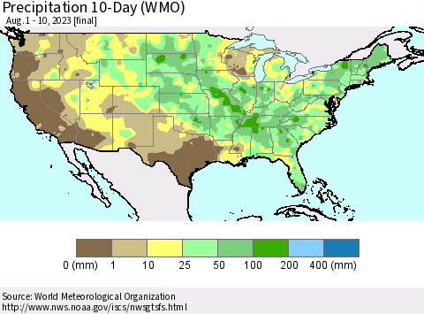United States Precipitation 10-Day (WMO) Thematic Map For 8/1/2023 - 8/10/2023