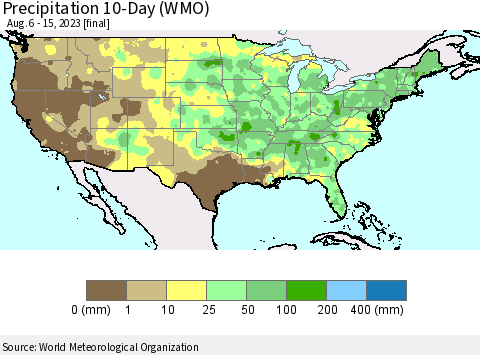 United States Precipitation 10-Day (WMO) Thematic Map For 8/6/2023 - 8/15/2023
