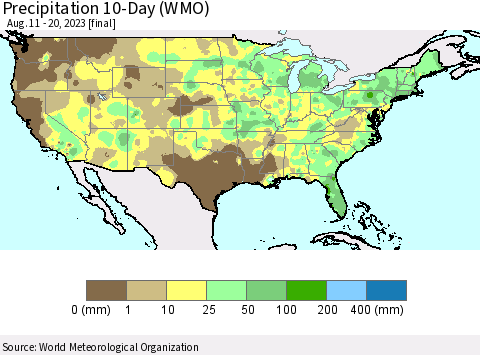 United States Precipitation 10-Day (WMO) Thematic Map For 8/11/2023 - 8/20/2023