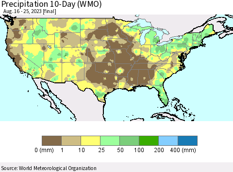 United States Precipitation 10-Day (WMO) Thematic Map For 8/16/2023 - 8/25/2023