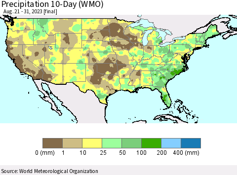 United States Precipitation 10-Day (WMO) Thematic Map For 8/21/2023 - 8/31/2023